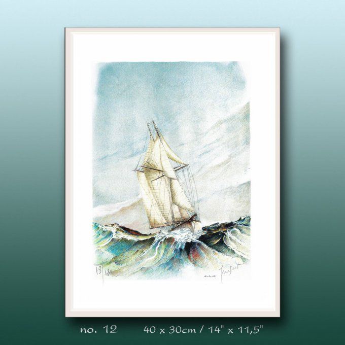 Aquarelle de J. Doat / 44 cm x 34 cm.......................No.12 / Le 'Sorlandet' en Atlantique Nord
