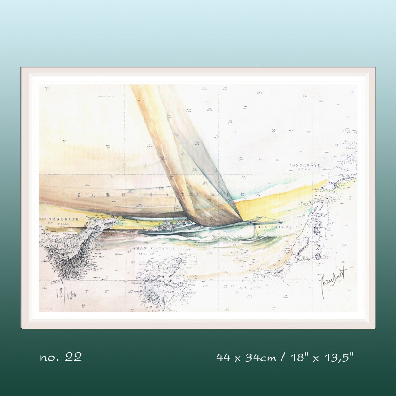 Aquarelle de J. Doat / 44 cm x 34 cm.........................No.22 / Le voilier Class 'J' Endeavour'