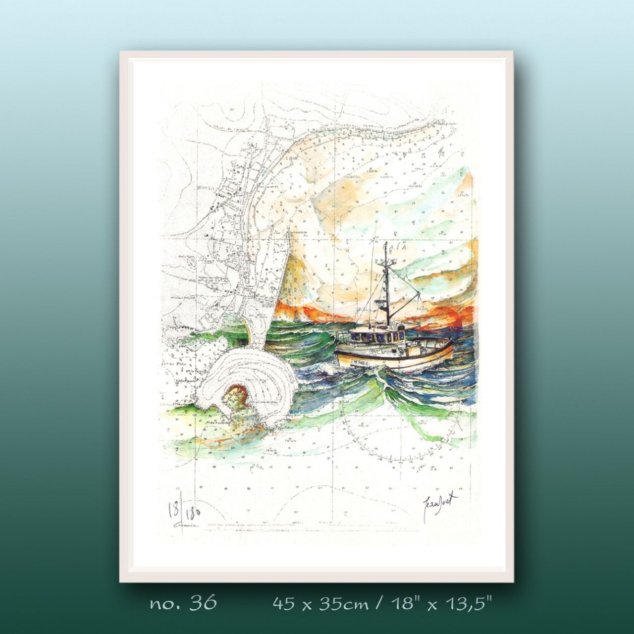 Aquarelle de J. Doat / 44 cm x 34 cm.................No.36 / Le 'Guernica', un palangrier des Açores