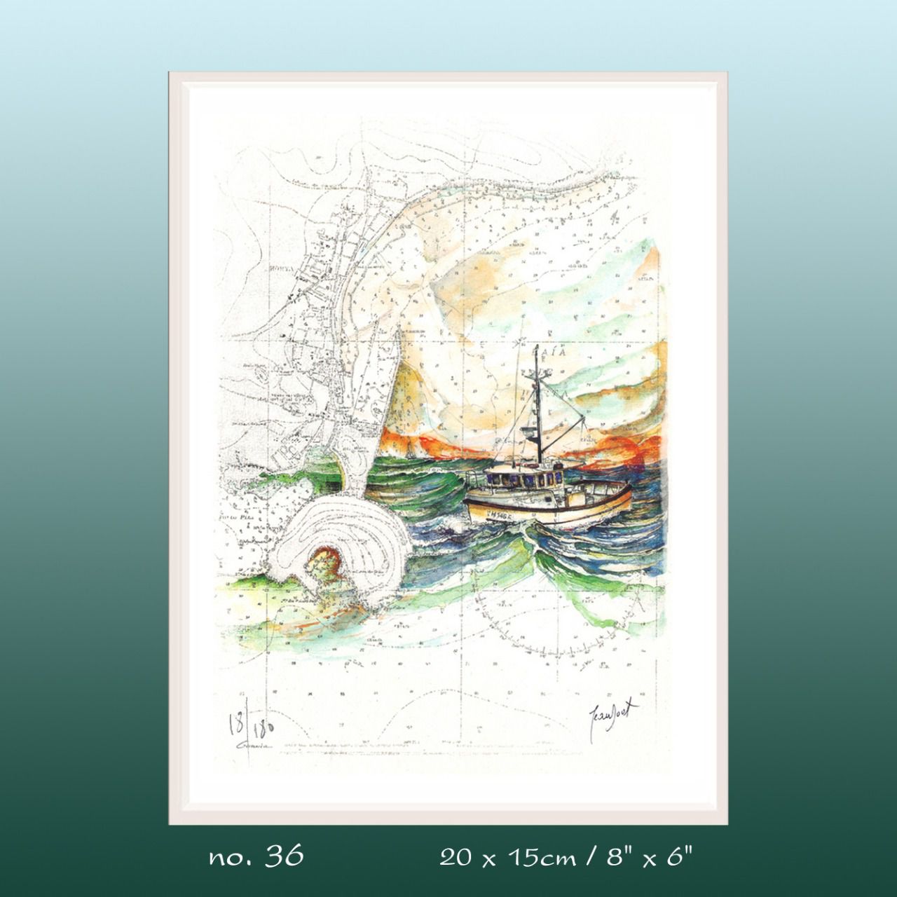 Aquarelle de J. Doat / 25 x 20 cm...................No.36 pf / Le Guernica, un palangrier des Açores