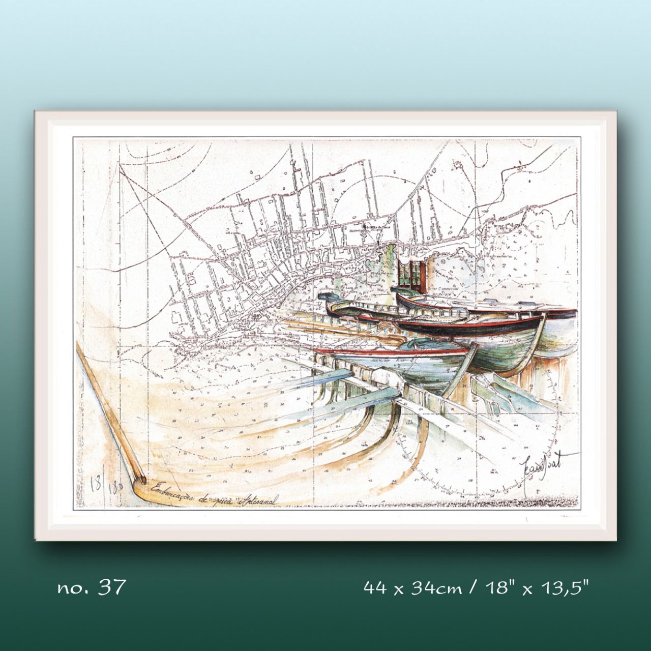 Aquarelle de J. Doat / 44 cm x 34 cm........................No.37 / Barques de pêche traditionnelle 
