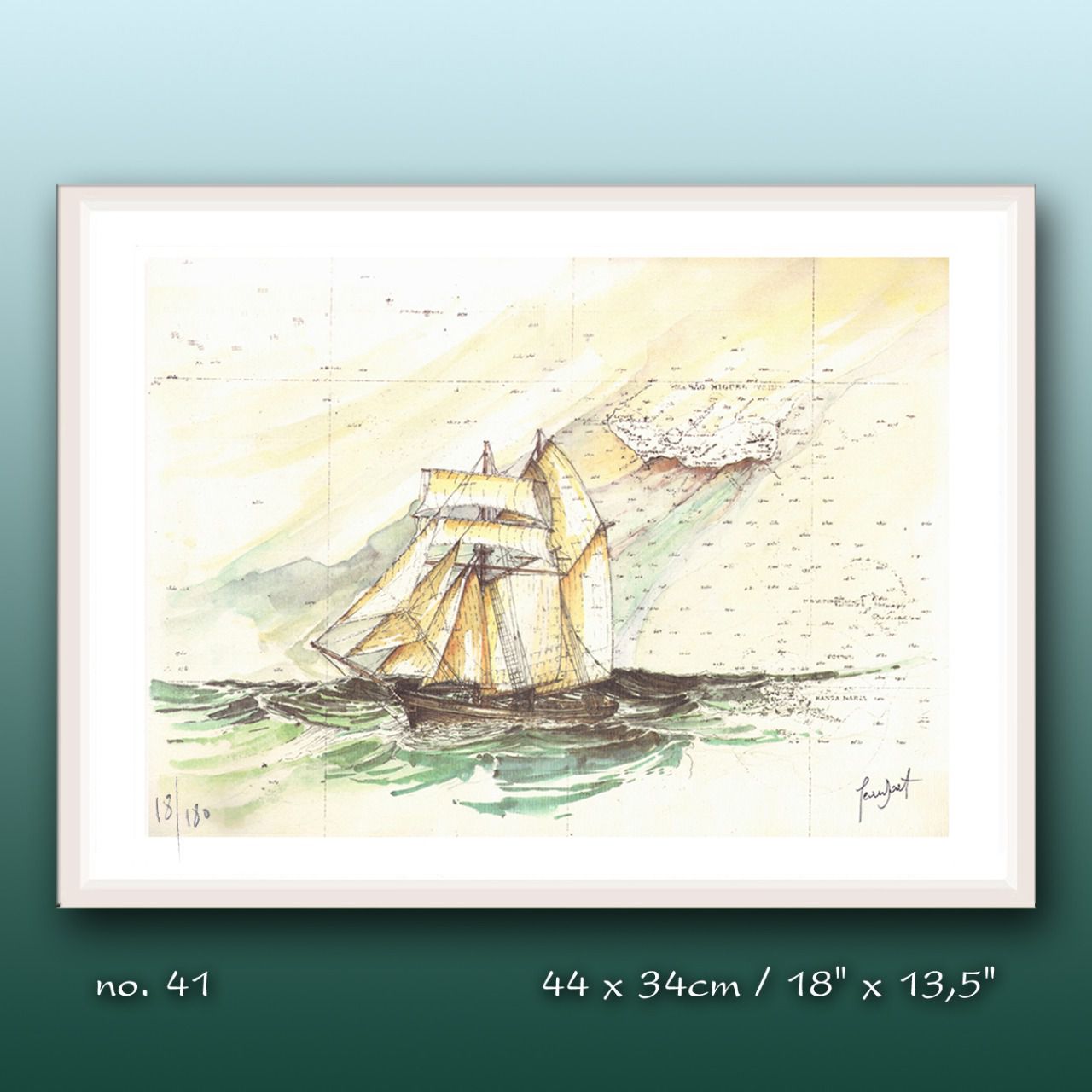 Aquarelle de J. Doat / 44 cm x 34 cm....................No.41 / Un baleinier traditionnel des Açores